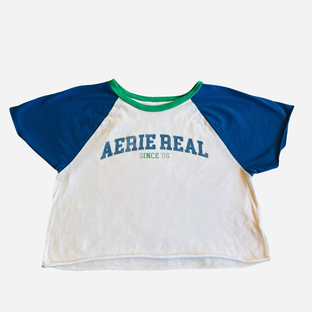 Aerie Blue and White Raglan Cropped Short Sleeve Tee Medium